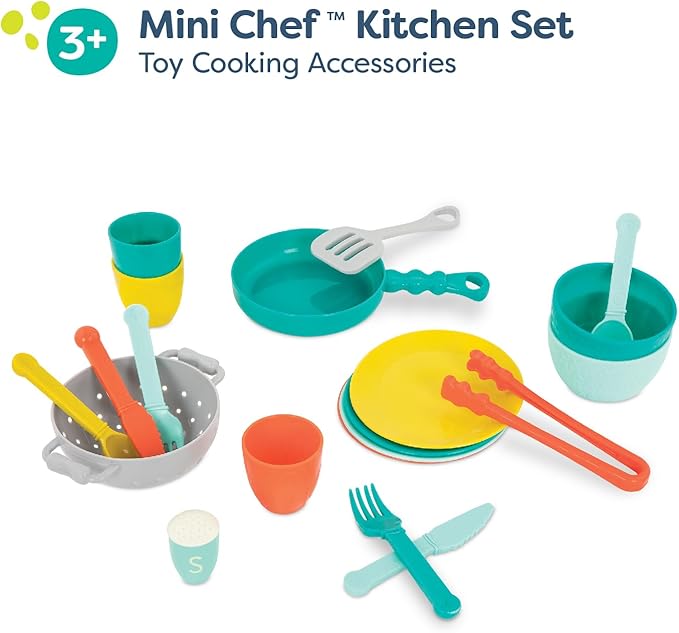B. toys – Play Kitchen Accessories – Cookware, Dishes, Utensils – 33-Piece Play Set for Kids – Pretend Play Toys – 3 Years + – Mini Chef Kitchen Set