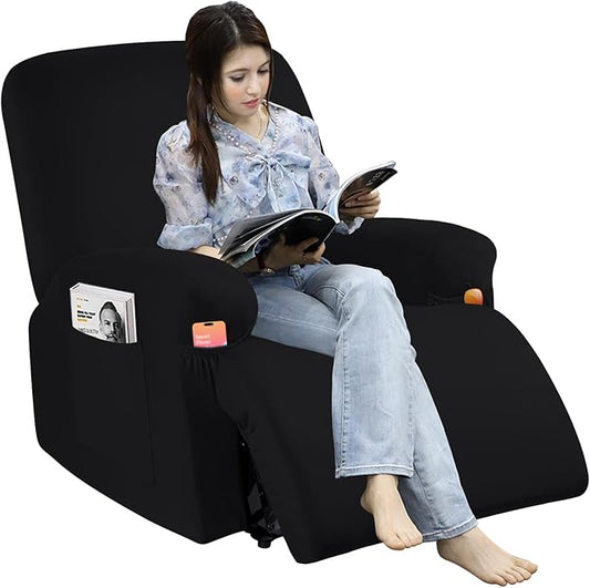 Soft Spandex Recliner Chair Covers, 4 Pieces Lazy Boy Recliner Cover for Recliner Chair, Stretch Cover for Recliner slipcovers Good Choice for All Seasons. (XL,Black)