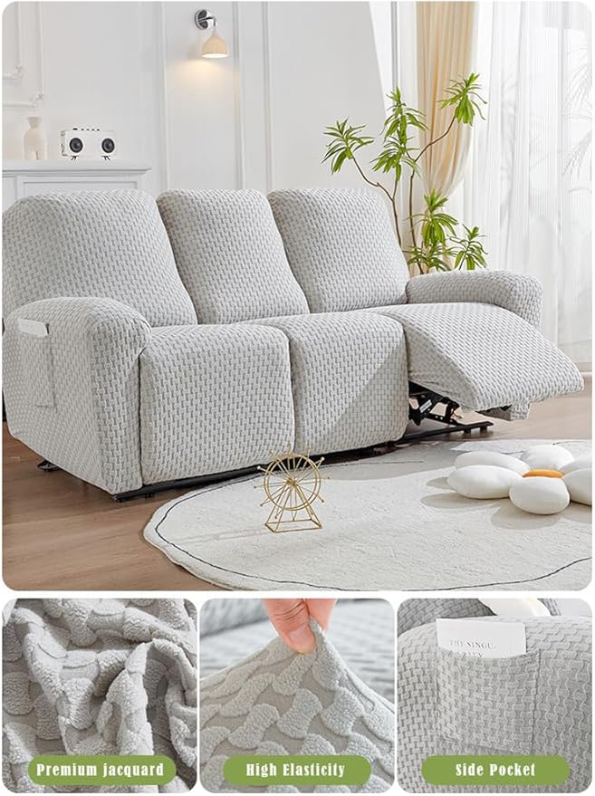 vctops 8 Pieces Jacquard Plush Recliner Sofa Covers Stretch Soft 3 Seats Couch Cover Anti-Slip Solid Color Sofa Slipcover Furniture Protector with Elastic Bottom for Kids Pet (Light Grey,3 Seat)
