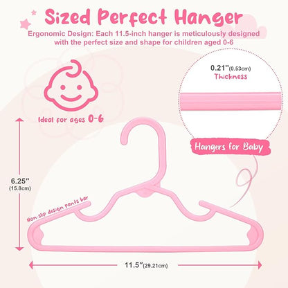 HOUSE DAY Premium Baby Hangers 60 Pack, 11 Inch Kids Plastic Hangers Pink, Slim Childrens Hangers for Infant, Toddler, and Child Clothes, Durable Baby Clothes Hangers for Closet