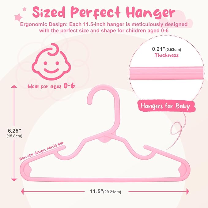 HOUSE DAY Premium Baby Hangers 20 Pack, 11 Inch Kids Plastic Hangers Pink, Slim Childrens Hangers for Infant, Toddler, and Child Clothes, Durable Baby Clothes Hangers for Closet