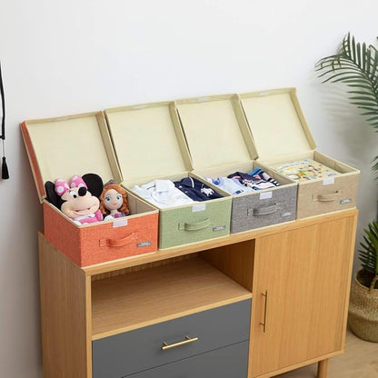 YueYue Small 4 Pack Fabric Stroage Box with Lids, Linen Foldable Stroage Box with lids 4 Color Set 12.4in/12in/6.7in