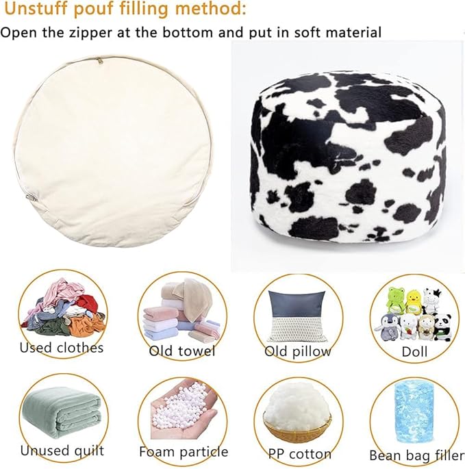 Asuprui Pouf Ottoman Unstuffed, Faux Rabbit Fur Cover, No Filler, 18" Round, Black and White