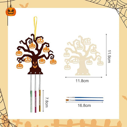Fennoral 9 Pack Halloween Tree Wind Chime Kit for Kids Make You Own Wind Chimes Wooden Arts and Crafts DIY for Girls Boys Coloring Halloween Hanging Ornaments Halloween Party Decorations