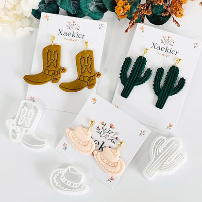 Xaekicr Western Theme Polymer Clay Cutters Set – 3PCS Cowboy Hat Boot Cactus Clay Earring Cutters, Polymer Clay Molds and Tools for DIY Jewelry Making