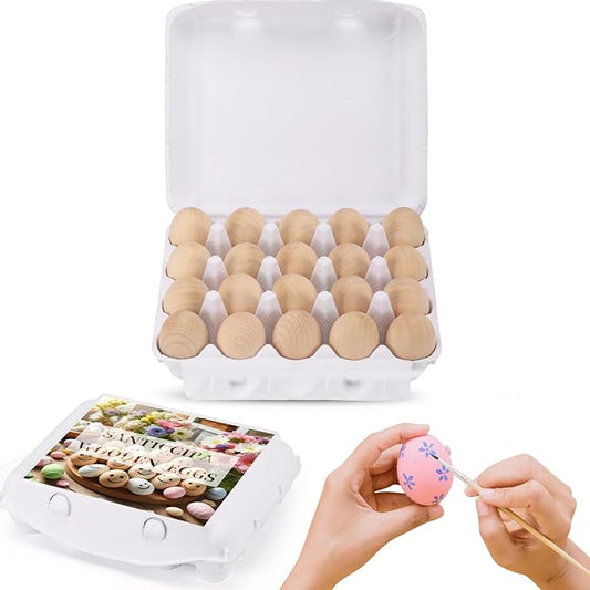 Wooden Eggs, 20-Count Unpainted Wooden Eggs in Carton for Painting, Crafts, and Dyeing, Food Toys for Kitchen Play and Room Decor, Fake Eggs for Nesting Boxes and Poultry Incubators.