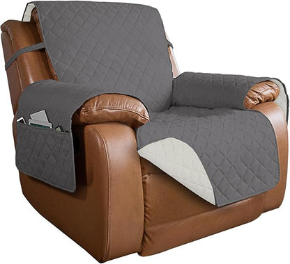 PureFit Reversible Quilted Sofa Cover, Water Resistant Slipcover Furniture Protector, Washable Couch Cover with Non Slip and Elastic Straps for Kids, Dogs, Pets (Oversized Recliner, Gray/Ivory)