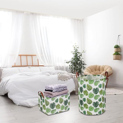 NTAOHAMPER Round Green Laundry Hamper, Jungle Themed Nursery Decor, Tropical Pattern Basket, Monstera Room Decor,Waterproof Storage Bin, Gift Basket(Leaf)