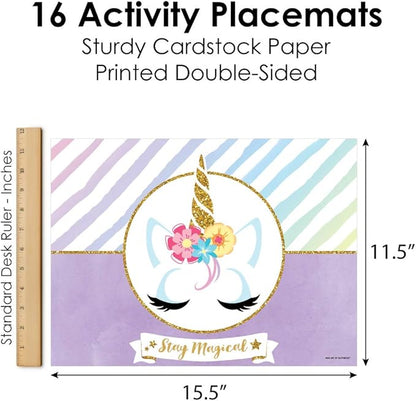 Big Dot of Happiness Rainbow Unicorn - Paper Magical Unicorn Birthday Party Coloring Sheets - Activity Placemats - Set of 16