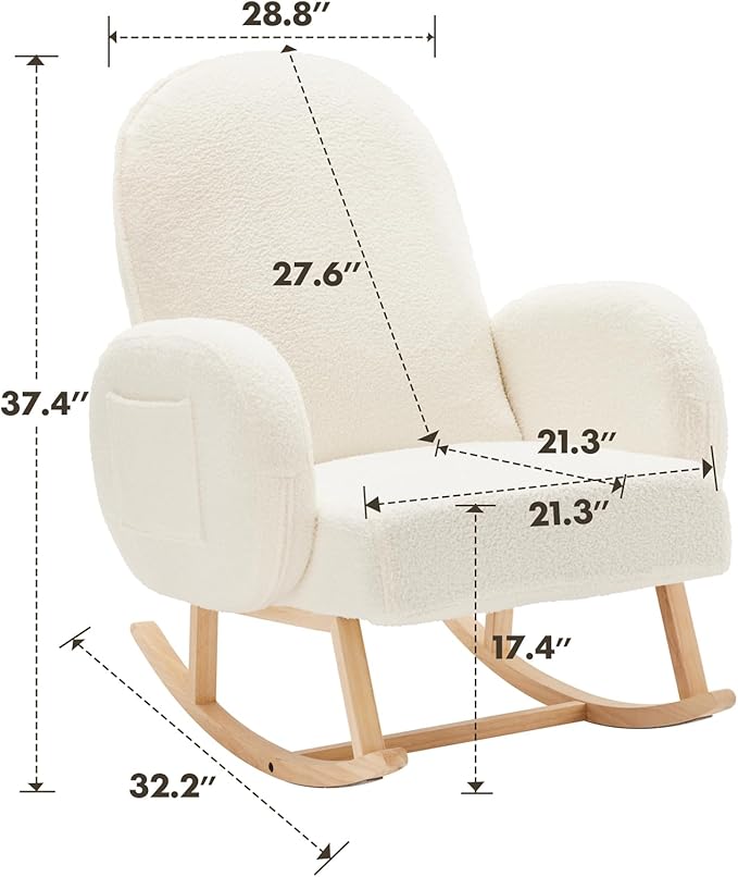 Upholstered Rocking Chair, Glider Chair with Side Pocket, Rocking Accent Chair with Rubber Wood Legs, Wooden Nursery Rocking Chair for Living Room, Bedroom, Nursery