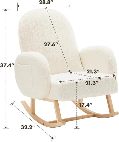 Upholstered Rocking Chair, Glider Chair with Side Pocket, Rocking Accent Chair with Rubber Wood Legs, Wooden Nursery Rocking Chair for Living Room, Bedroom, Nursery