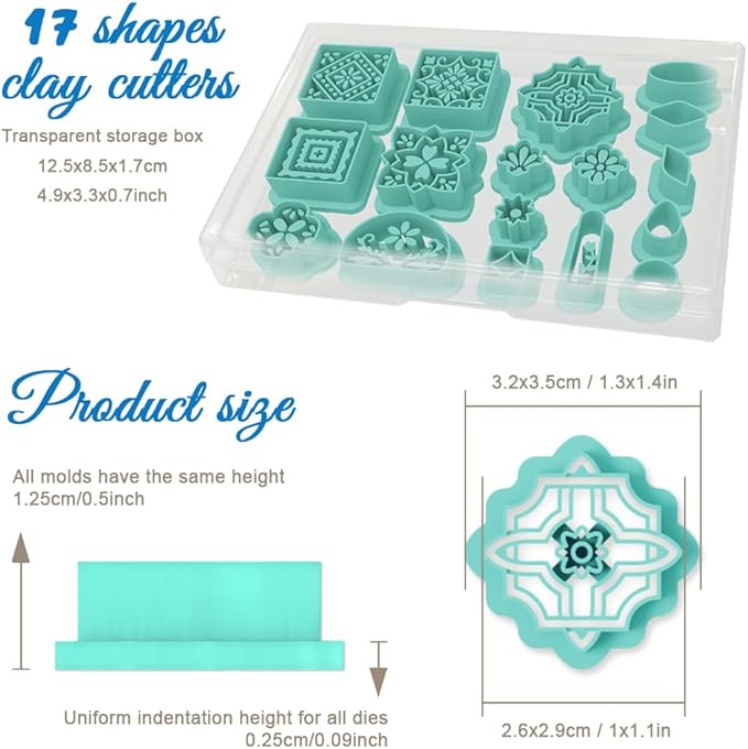 ORIGACH 17 Pcs Portuguese Peranakan Tiles Polymer Clay Cutters, Mediterranean Flower Frame & Tiles Design Clay Cutters for Polymer Clay Jewelry Earrings with a Clear Storage Box