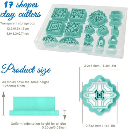 ORIGACH 17 Pcs Portuguese Peranakan Tiles Polymer Clay Cutters, Mediterranean Flower Frame & Tiles Design Clay Cutters for Polymer Clay Jewelry Earrings with a Clear Storage Box