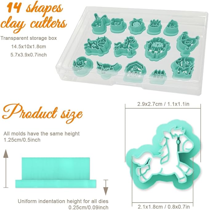 ORIGACH 14 Pcs Farm Animal Clay Cutters, Animal Shape Polymer Clay Cutter for Earring Making, Cow Rabbit Chicken Pig Lion Farm House Clay Cutters for Jewelry Making