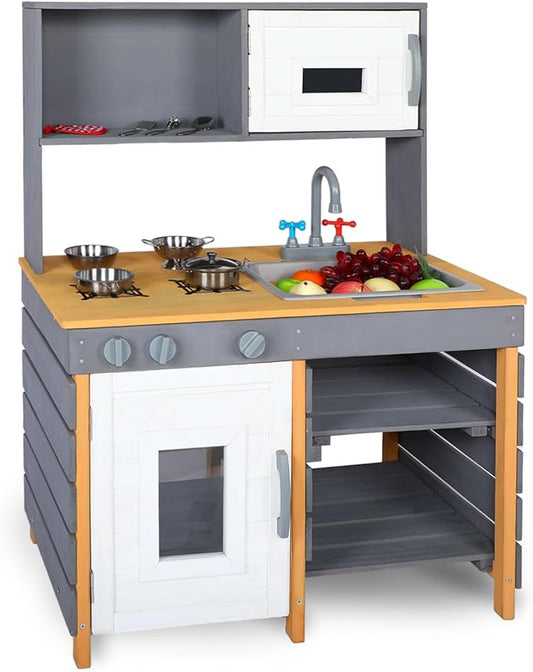 Outdoor Mud Kitchen Playset,Wooden Pretend Play Kitchen w/Water Box & Faucet,Kitchenware, Stove,Play Sink,Storage Shelves,Backyard Garden Worktop Toy Toddler Kitchen for Boys and Girls Ages 3-8