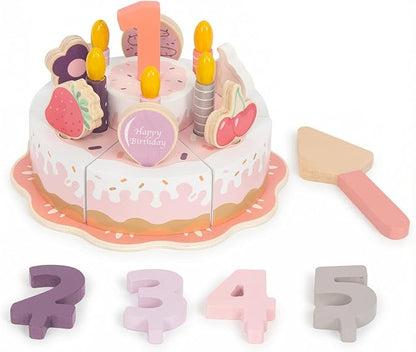 Pretend Play Food for Toddlers 2-5, Wooden Birthday Fake Cake with Candles and Numbers,Tea Party Learning Kitchen Gift Toys for Boys Girls (Pink Cake)