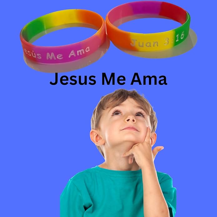 Spanish Jesus Loves, Me Jesus Me Ama, Juan 3:16, Religious Inspirational Christian Rubber Silicone Bracelets Small Spanish Party Favors Spanish Wristband Bulk (50 Count)