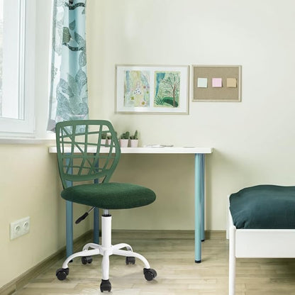 Kids Desk Chair, Fabric Office Chair Armless Small Mid Back Swivel Children Computer Task Chair Ergonomic Height Adjustable Study Chairs with Swivel Padded Cushion and Rolling Wheels, Dark Green