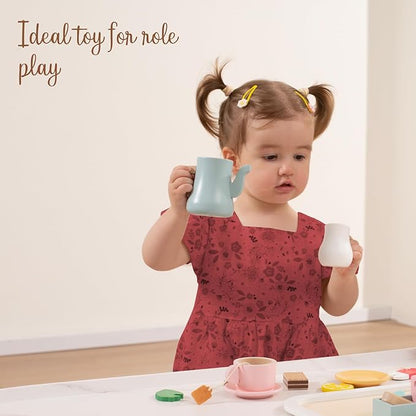 Giant bean Kids Wooden Tea Set for Little Girls, 21 PCS Kitchen Playset Toys Gifts for Toddlers Kids Boys 1 2 3 4 5 6, Play Kitchen Accessories for Kids Tea Party