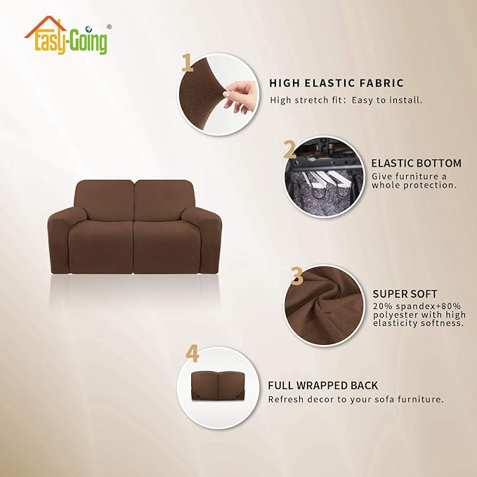 Easy-Going 6 Pieces Microfiber Stretch Sectional Recliner Sofa Slipcover Soft Fitted Fleece 2 Seats Couch Cover Washable Furniture Protector with Elasticity for Kids(Recliner Loveseat, Brown)
