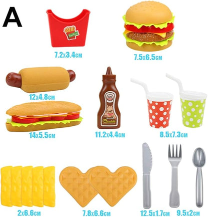 Pretend Play Fast Food Set, Play Food for Kids Kitchen - Play Kitchen Accessories - Toy Foods with Play Burger and Hot Dog Plastic Food for Pretend Play, Kids Toddler Childrens Birthday Gifts