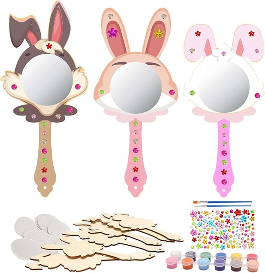 Fennoral 9 Pack Wooden Mirror Craft for Kids Decorate You Own Bunny Mirrors for Girls DIY Paint Wooden Hand Mirror for Art Activities Girls Birthday Gifts