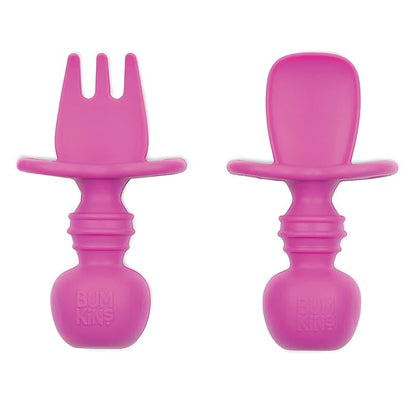 Bumkins Baby Utensils Set, Chewtensils Silicone Spoons for Dipping, Self-Feeding, Baby Led Weaning, Trainer Learning, First Stage Eating, Soft Practice Fork and Spoon, Babies 6 Months, Fuchsia