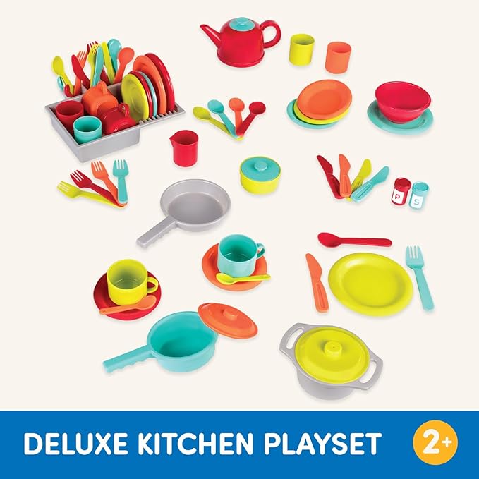 Battat – Toy Kitchen Set – 71Pc Pretend Cooking Accessories – 4 Table Settings & Cutlery – Dishwasher Safe & Worry-Free – 2 Years + – Deluxe Kitchen Playset