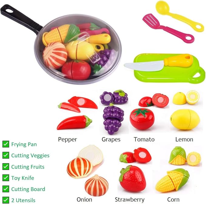 Play Cooking Pan with Cutting Fruits & Vegetables and Play Kitchen Utensils - Slice up Food with Knife & Cutting Board – Cooking Toyset for Toddlers Boys and Girls - Fake Food Pretend Pot Toy Kitchen