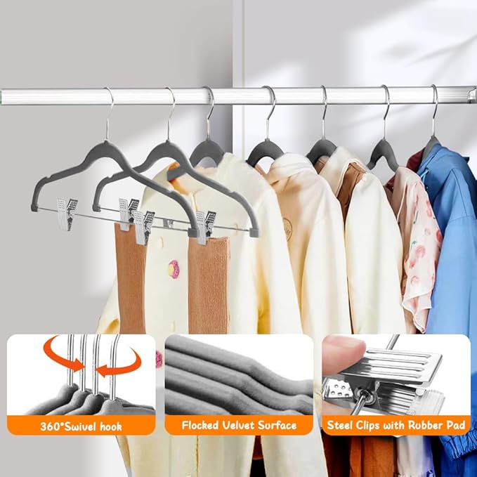 Stormix Baby Hangers, 24 Pack Pants Hangers with Clips, Non-Slip Clothes Hangers, Heavy-Duty Kids Hangers for Shirts, Pants, Skirts, Dresses, Jackets, Coat (Gray)