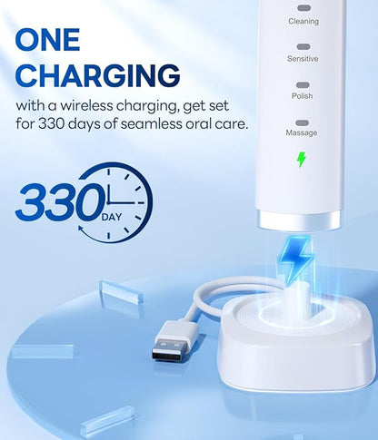 Bymore Electric Toothbrush for Adults,Travel Sonic Toothbrush with 8 Replacement Heads, Ultra Clean Rechargeable Toothbrush Portable One Charge for 330days 5 Modes 2mins Timer-White