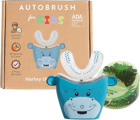 autobrush Kids U Shaped Electric Toothbrush, ADA Accepted, Sonic Pro with Unique 360° Nylon Bristles 3 Cleaning Modes,Whitening LED-Lights,Plays Music (Double-Sided),Ages 9-12, Hippo