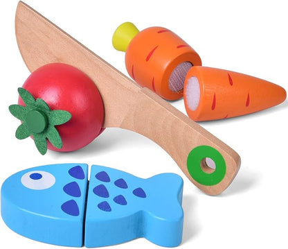 FUN LITTLE TOYS 12 Pcs Wooden Pretend Cutting Play Food Set for Kids Aged 3+, Early Education Toy for Toddlers, Veggie Slicers Playset, Toys Food and Vegetables with Storage Case