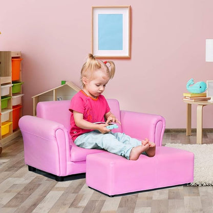 Costzon Kids Couch with Footstool, 2 in 1 Double Seat Children's Sofa w/PU Leather Surface, Armrest Chair Lounge, Soft Kids Sofa for Preschool Bedroom Kids Room Toddlers Boys Girls Birthday (Pink)