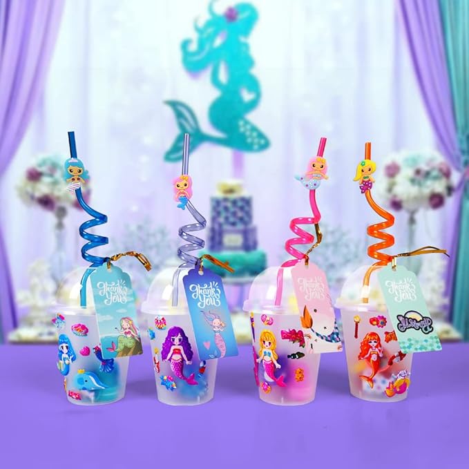 MOVINPE Mermaid Party Favors Personalize Goody Cups with Gift Tags, Filled with Mermaid Themed Reusable Straws Stampers Slap Bracelets Keychains Hair Ties Rings 3D Stickers for Girls
