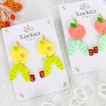 Xaekicr Whimsical Worm and Apple Polymer Clay Cutters – 3PCS Clay Earring Cutters Set for DIY Fruit Insect Jewelry Making – Clay Tools and Polymer Clay Molds