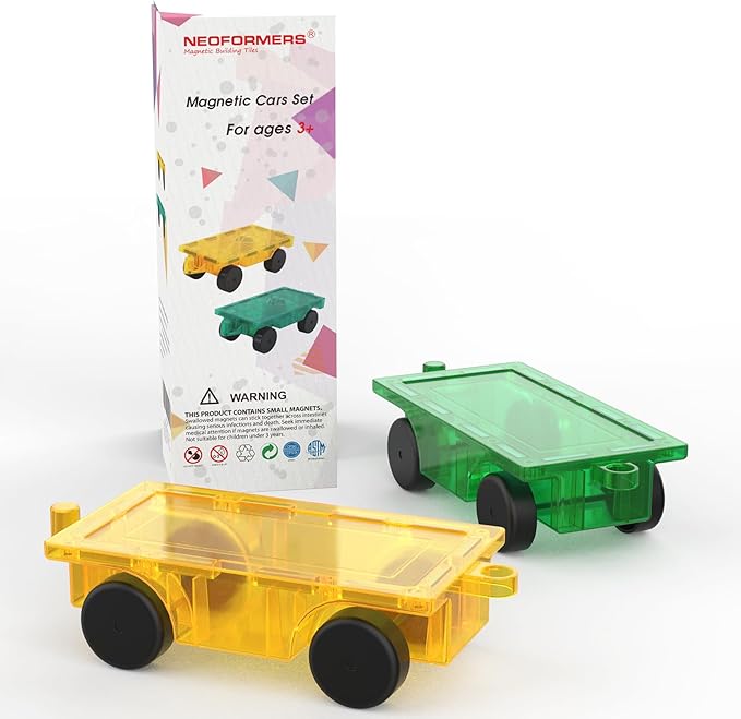 Magnetic Tiles Cars Construction Set - 2 PCS Green & Yellow Magnetic Tiles Magnet Truck Sensory Toys, Educational Magnetic Cars Set Magnet Building Blocks Toddler Toys for 3 4 5 6+ Year Old