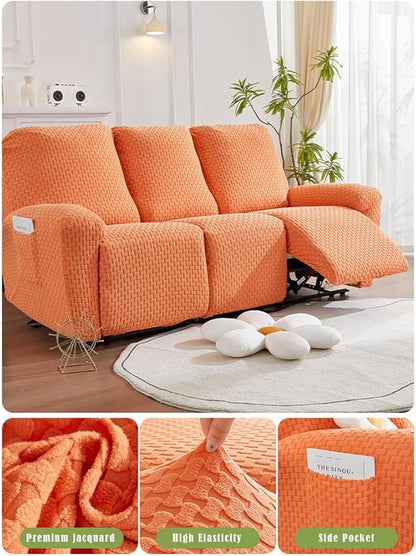 vctops 8 Pieces Jacquard Plush Recliner Sofa Covers Stretch Soft 3 Seats Couch Cover Anti-Slip Solid Color Sofa Slipcover Furniture Protector with Elastic Bottom for Kids Pet (Orange,3 Seat)
