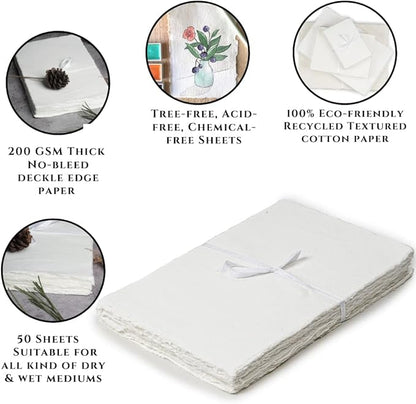 50 Sheets - Rough/Textured Watercolor Paper - 8 X6 inches(150GSM) - Handmade/Deckle Edge Paper Made from Virgin Egyptian Cotton - Off-White by Leather Village