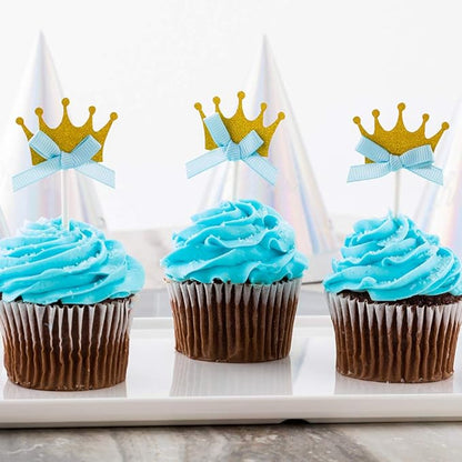 Restaurantware Top Cake Inch Crown Cupcake Toppers 100 Glitter Crown Cupcake Picks - Blue Bow For Birthday Parties Or Baby Showers Gold Paper Crown Cake Decorations Royal Prince Theme Decorations