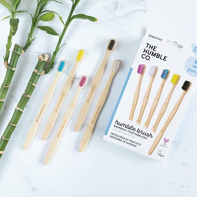 The Humble Co. Bamboo Toothbrushes (5pk) – Toothbrushes for Superior Oral Care, Dental Hygiene, and Gum Care, BPA Free (Ultra Soft Bristles)