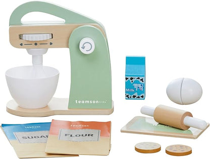 Teamson Kids Little Chef Frankfurt 10 Piece Wooden Cookie Baking Play Kitchen Mixer Accessory Set with Pretend Food and Ingredients, Green