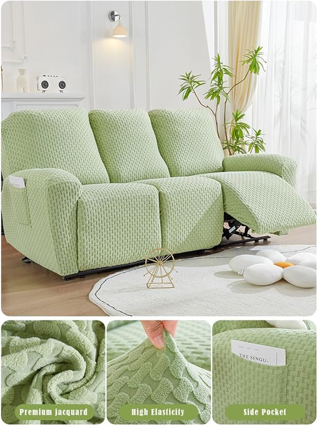 vctops 8 Pieces Jacquard Plush Recliner Sofa Covers Stretch Soft 3 Seats Couch Cover Anti-Slip Solid Color Sofa Slipcover Furniture Protector with Elastic Bottom for Kids Pet (Green,3 Seat)