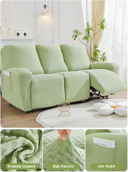 vctops 8 Pieces Jacquard Plush Recliner Sofa Covers Stretch Soft 3 Seats Couch Cover Anti-Slip Solid Color Sofa Slipcover Furniture Protector with Elastic Bottom for Kids Pet (Green,3 Seat)