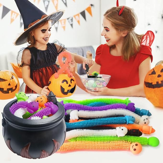 5.5" Halloween Cauldron with 20 Pcs Stretchy Strings Stress Relief and Anti-Anxiety Toys Assortment for Kids Boys Girls Halloween Party Favors,Halloween Decorations