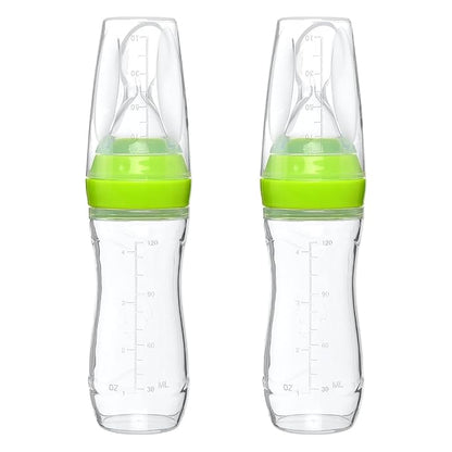 4 oz Silicone Baby Food Dispensing Spoon - 2 Pack - Great for 4+ Month Infants - Includes Stopper - Easy to Use and Mess-Free - Precise Food-Release Feeder - Great for Travel (Green)