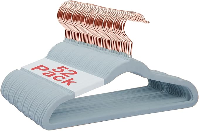 Baby Velvet Hangers, 52 Packs Kids Clothes Hangers, Non-Slip Childrens Hangers with Shoulder Notches, Storage Organizer Clothing Hangers for Infant and Toddler Blue (Rose Gold Hook)