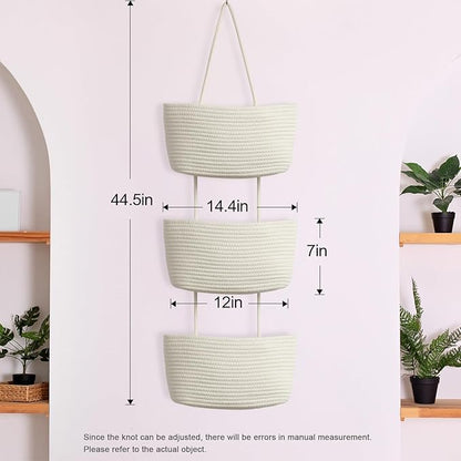 TeoKJ Over the Door Hanging Basket, 3-Tier Woven Cotton Wall-Mounted Storage Organizer Bag Decorative Hanging Nursery Baskets, White