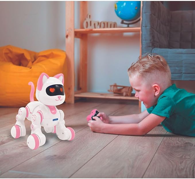 LEXiBOOK, Power Kitty Jr., Remote Control cat to Train, Waddles Like a Real cat, Interactive Eyes, STEM programmable, Rechargeable Battery, Pink/White, KIT01