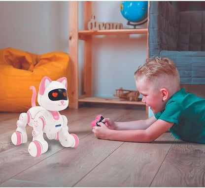 LEXiBOOK, Power Kitty Jr., Remote Control cat to Train, Waddles Like a Real cat, Interactive Eyes, STEM programmable, Rechargeable Battery, Pink/White, KIT01